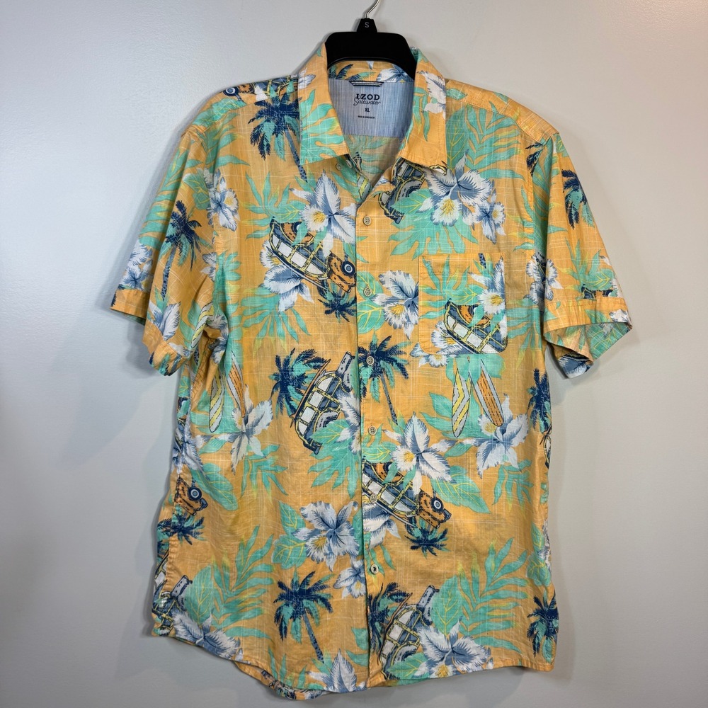 IZOD Saltwater Button Up Beach Shirt Hawaiian Floral Short Sleeve Mens XL Resort